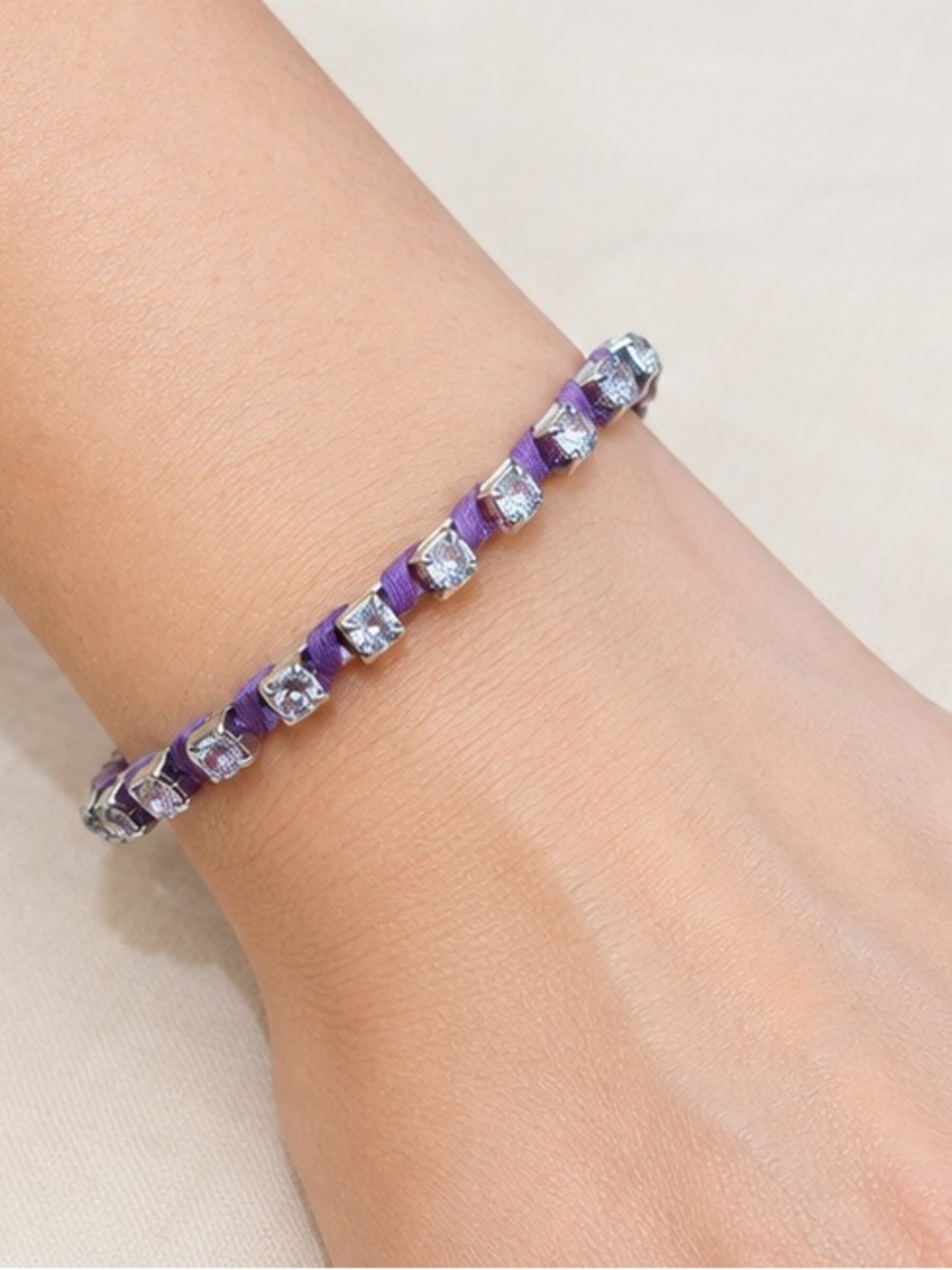 Vintage Clear Rhinestone & Purple Thread Wrapped Bangle Bracelet